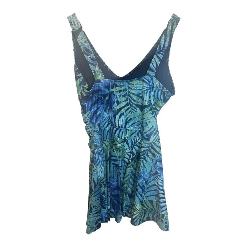 Yonique Ruched Detailing Removable Padded Long Swimsuit Large Skirt Blue Leaves